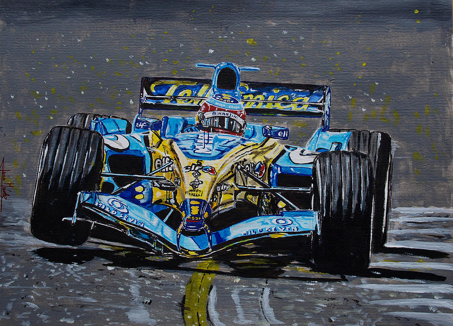 Fernando Alonso in blue Painting by Juan Mendez