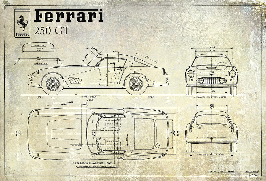 Ferrari 250 GT Blueprint Antique Drawing by Jon Neidert