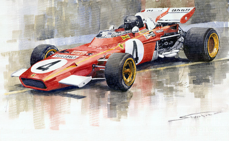 Watercolor Painting - 1971 Ferrari 312 B2 1971 Monaco GP F1 Jacky Ickx by Yuriy Shevchuk