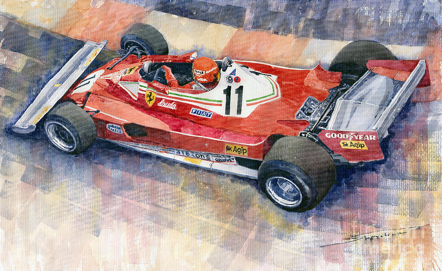 Watercolor Painting - 1977 Monaco GP Ferrari 312 T2 Niki Lauda  by Yuriy Shevchuk