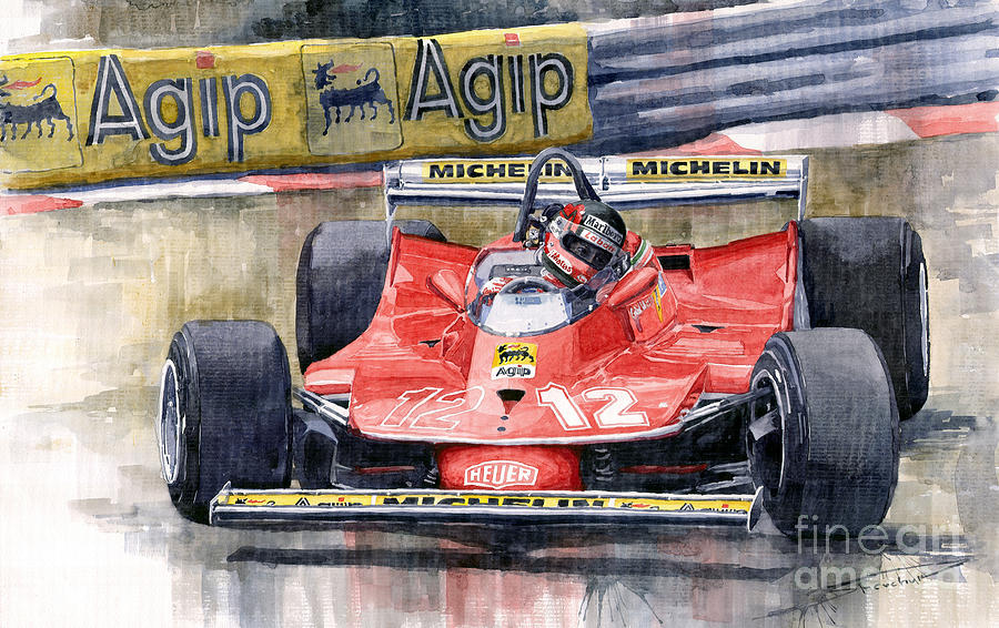 Watercolor Painting - Ferrari  312T4 Gilles Villeneuve Monaco GP 1979 by Yuriy Shevchuk