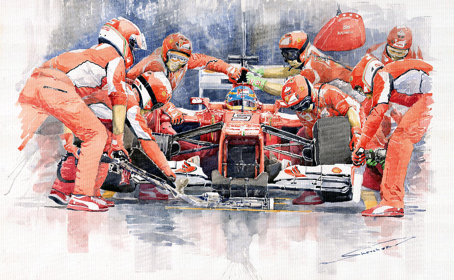 Sports Painting - 2012 Ferrari F 2012 Fernando Alonso Pit Stop by Yuriy Shevchuk