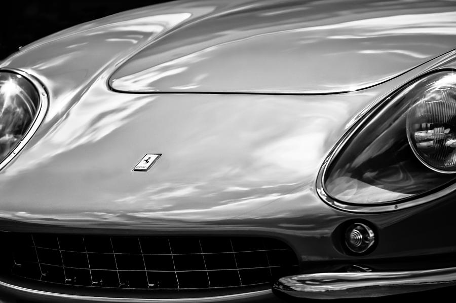 Black And White Photograph - Ferrari Hood Emblem -0390bw by Jill Reger