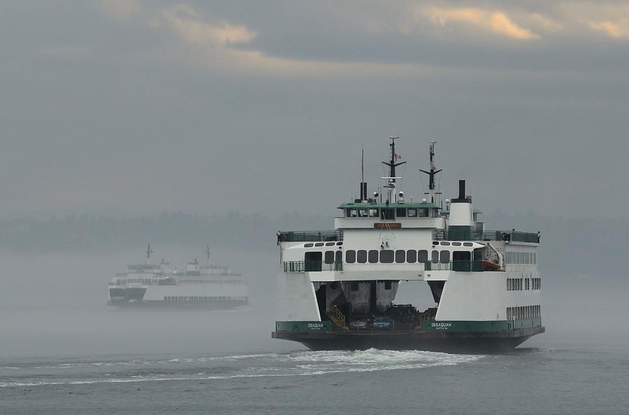 Ferries Pass in the Fog Photograph by E Faithe Lester