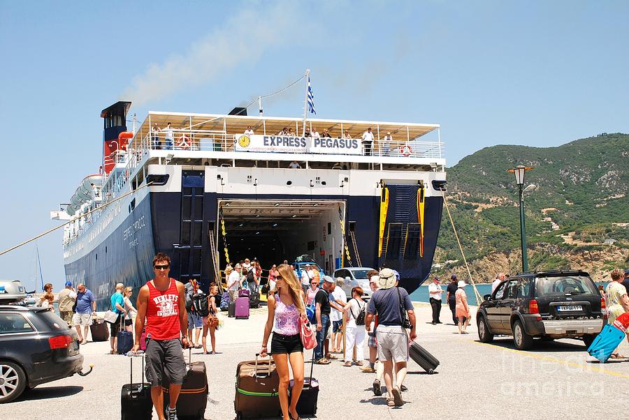 Greek Photograph - Ferry arrival Skopelos by David Fowler