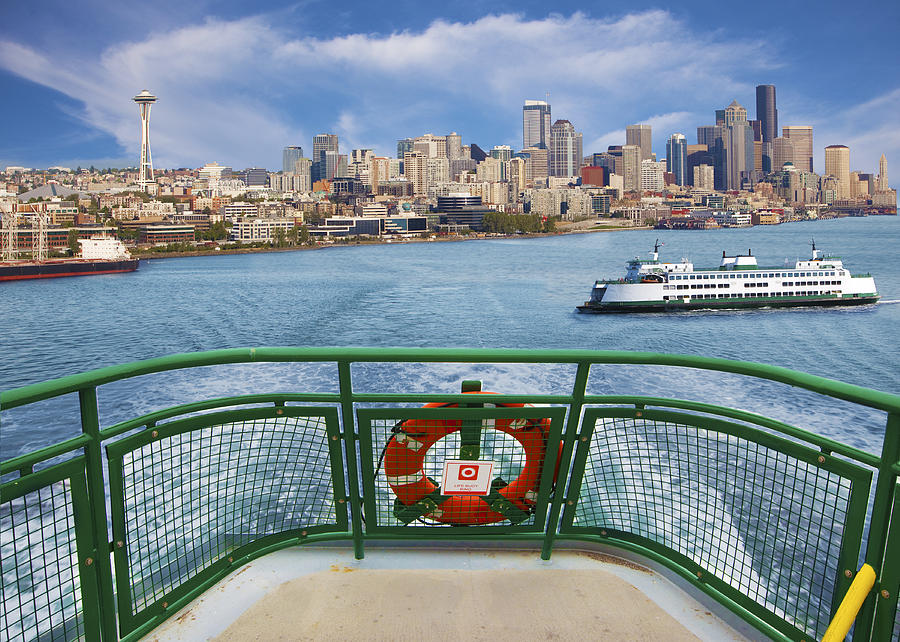 Ferry boat with Seattle skyline Photograph by Clane Gessel Photography - www.clanegessel.com