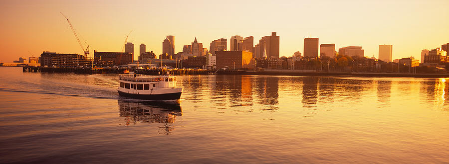 Boston Photograph - Ferry Moving In The Sea, Boston Harbor by Panoramic Images