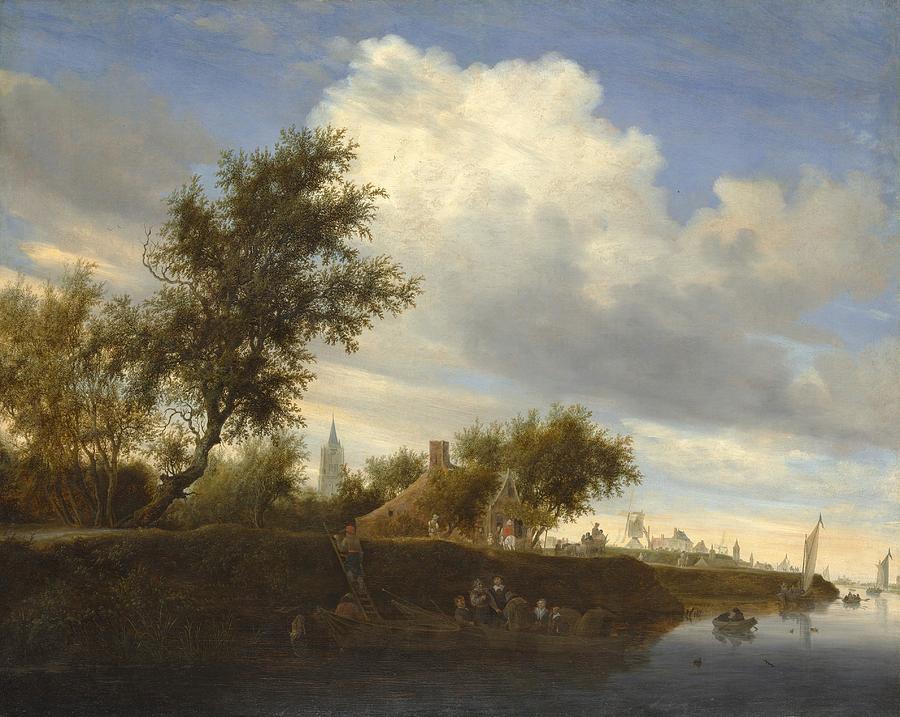 Landscape Painting - Ferry near Gorinchem by Salomon van Ruysdael