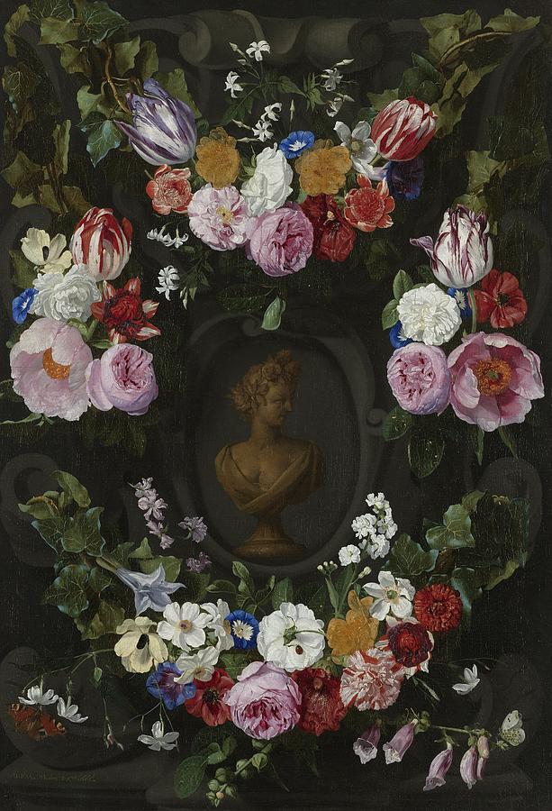 Festoen Van Bloemen On Een Buste Van Flora Painting by Jan Phillips Van Thielen