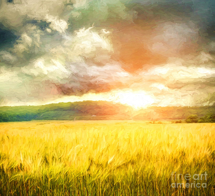 Field of wheat with ominous clouds/ Digital painting  Photograph by Sandra Cunningham