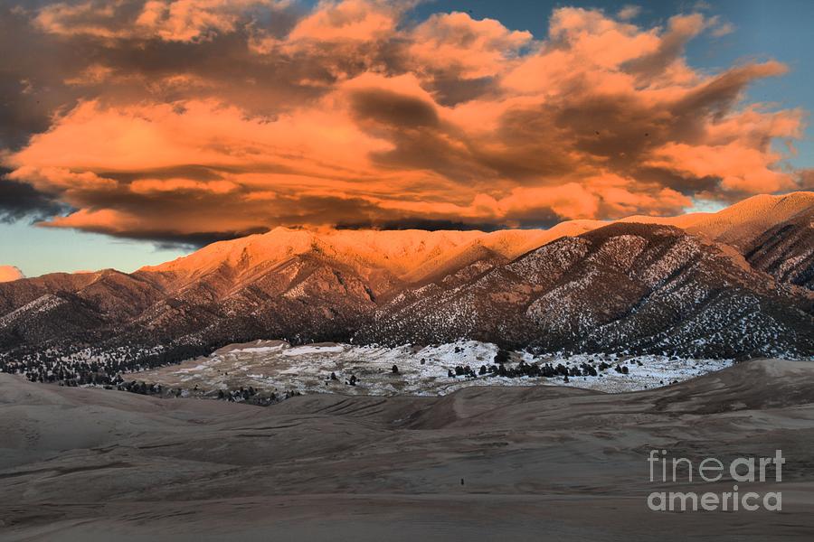 Great Sand Dunes National Park Photograph - Fiery Mountain Caps by Adam Jewell