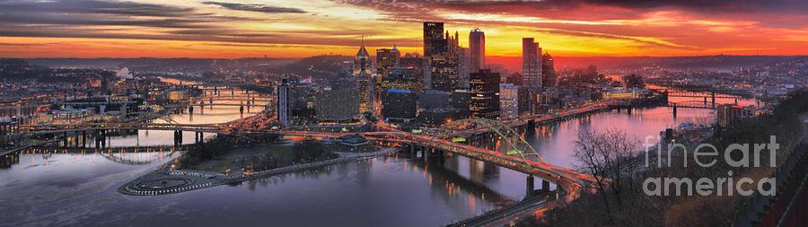 Fiery Pittsburgh Morning Digital Painting Photograph by Adam Jewell