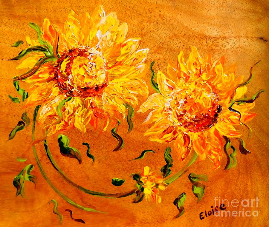 Fiery Sunflowers on Wood Painting by Eloise Schneider Mote