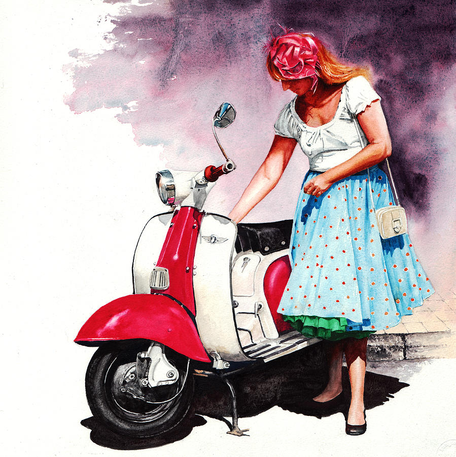 Fifties Lambretta Girl Painting by Peter Williams