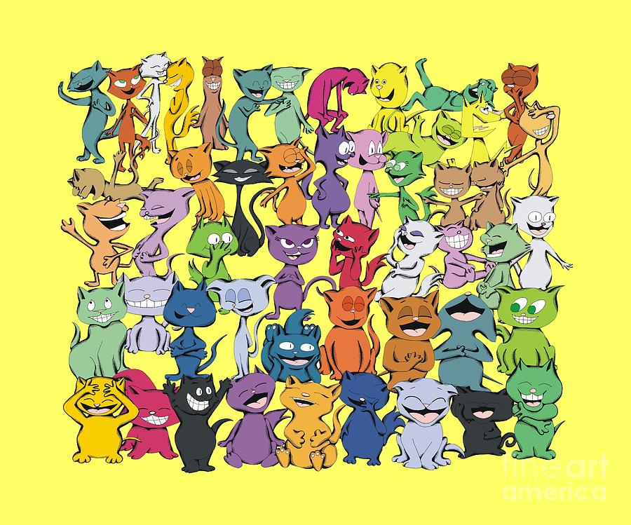 Fifty Happy Cats on Yellow Drawing by Pet Serrano