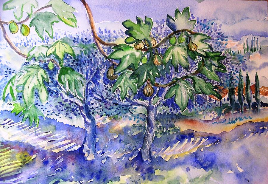 Fig tree and Olive trees in a Tuscan garden Painting by Trudi Doyle