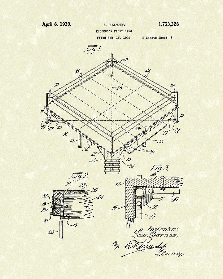 Fight Ring 1930 Patent Art Drawing by Prior Art Design