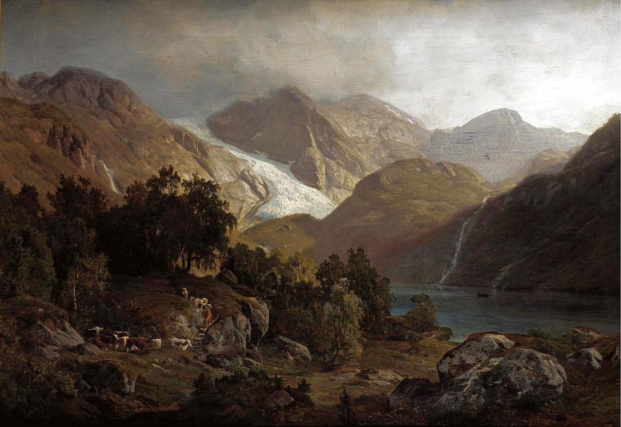 Figures and Cattle in a Mountainous Landscape Painting by Anders Askevold