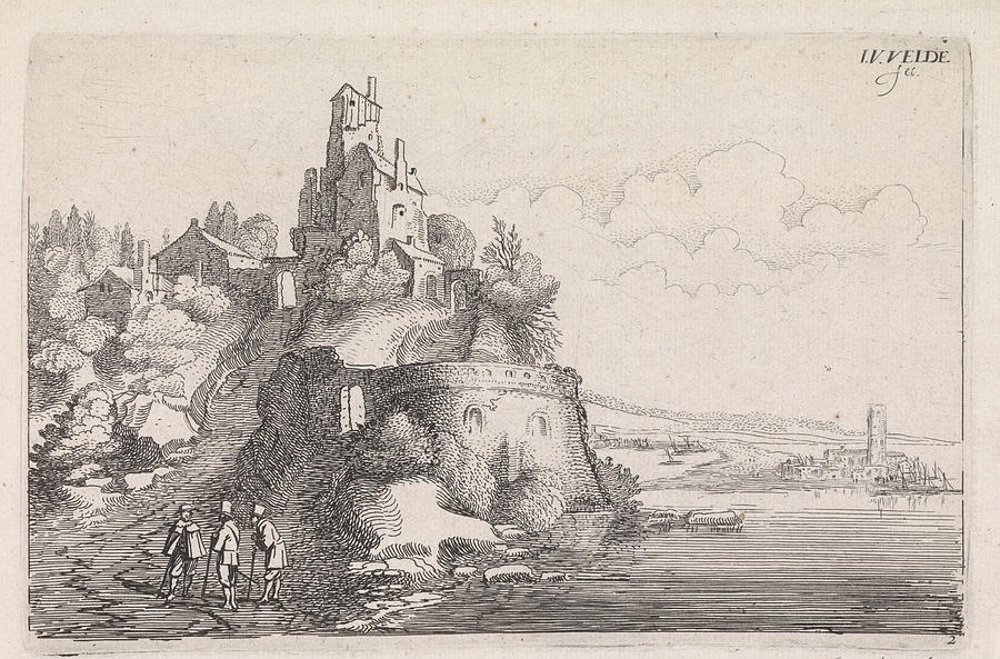 Landscape Drawing - Figures At A Fort In A River Landscape, Jan Van De Velde II by Jan Van De Velde Ii