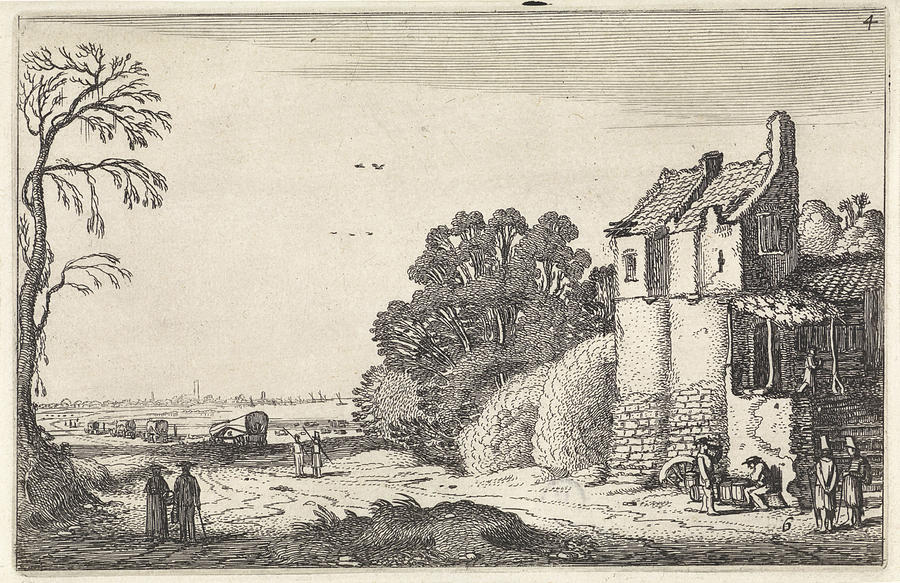 Landscape Drawing - Figures At A House And Covered Wagons On A Country Road by Jan Van De Velde (ii)