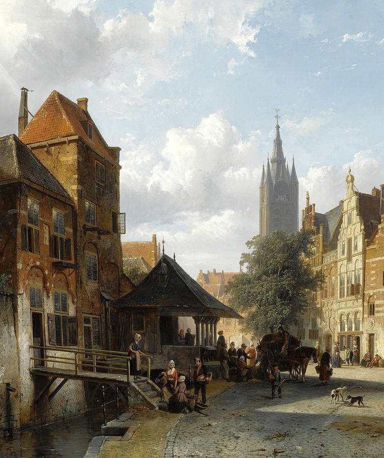 Figures at the Fish Market in Delft Painting by Cornelis Springer