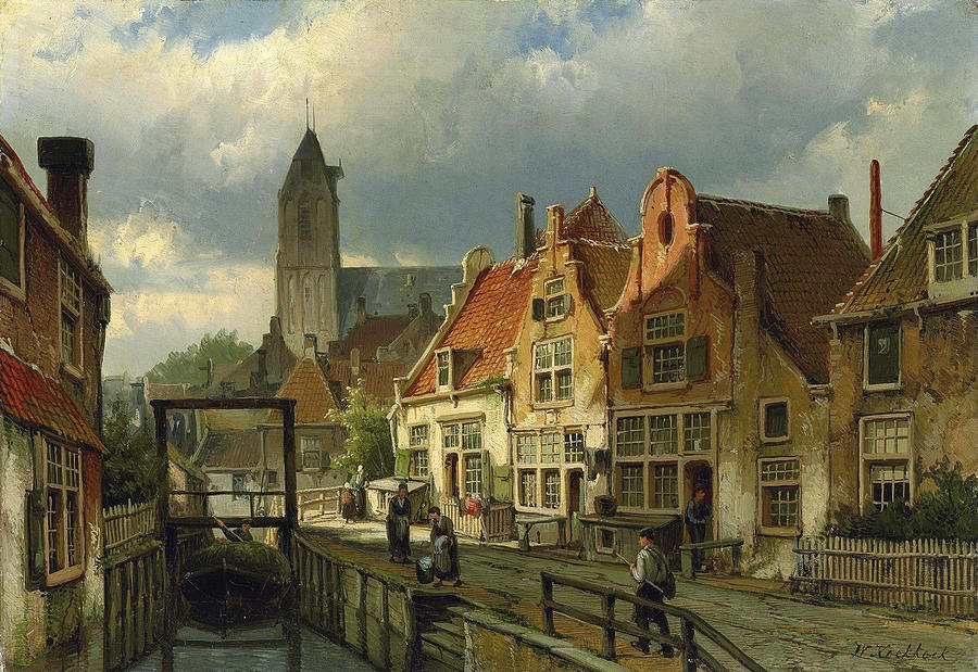 Figures on a Canal in Oudewater Painting by Willem Koekkoek