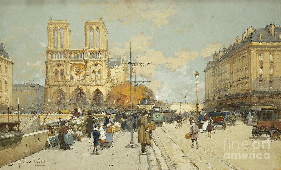 Eugene Galien Laloue Painting - Figures on a Sunny Parisian Street Notre Dame at left by Eugene Galien-Laloue