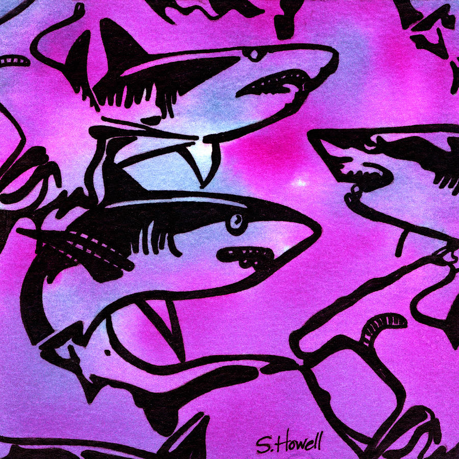 Sharks Painting - Fijian Textile Print Sharks by Sandi Howell