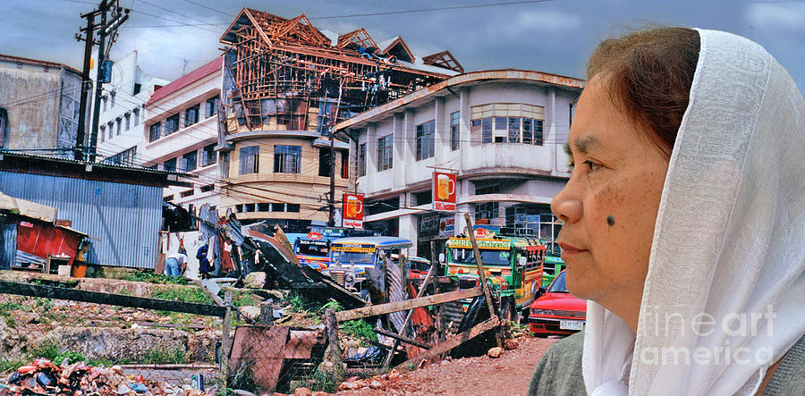 Portrait Photograph - Filipina Woman and her Earthquake Damage City Version III by Jim Fitzpatrick