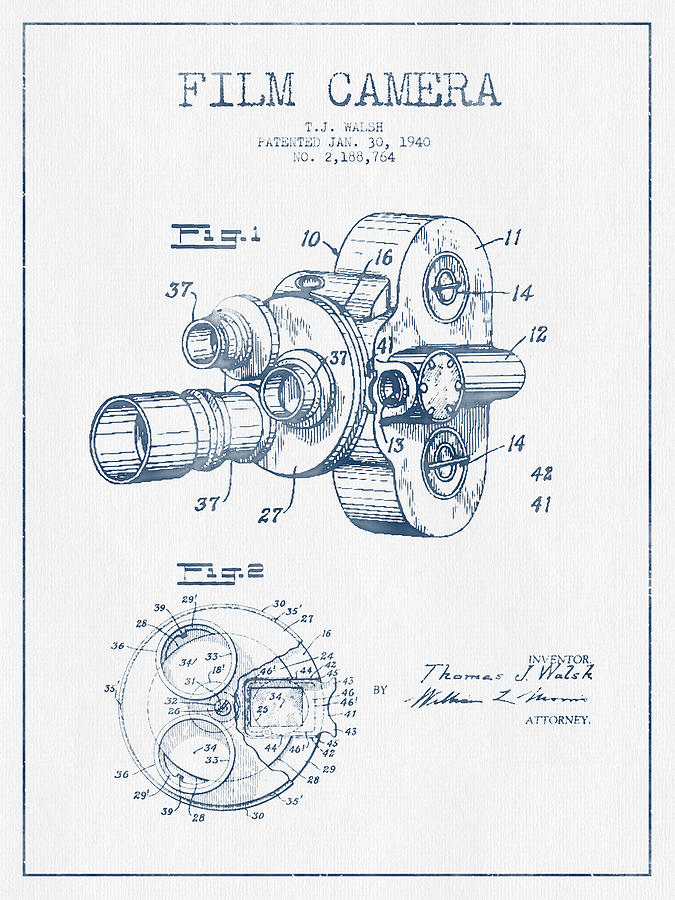 Vintage Digital Art - Film Camera Patent Drawing from 1938 - Blue Ink by Aged Pixel