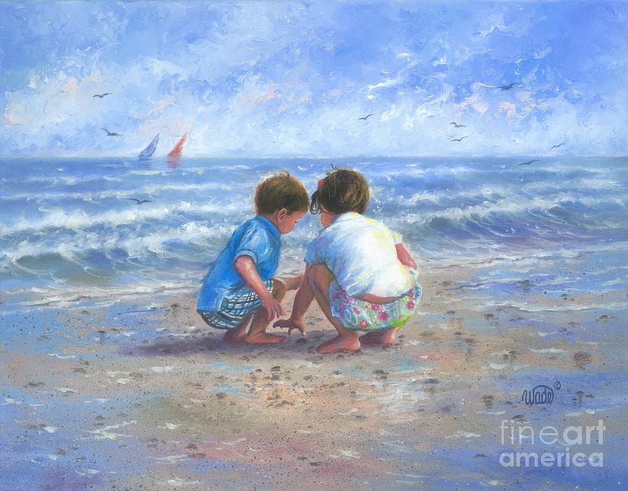 Brother And Sister Painting - Finding Sea Shells Brother and Sister by Vickie Wade
