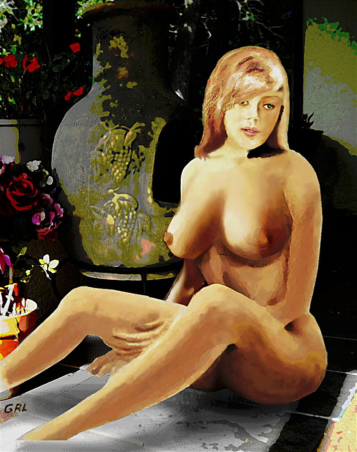Fine Art Female Nude Jess Sitting On The Patio Painting by G Linsenmayer
