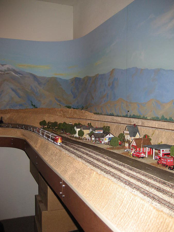 Trains Painting - Finished train room with mural backdrop by Maria Hunt