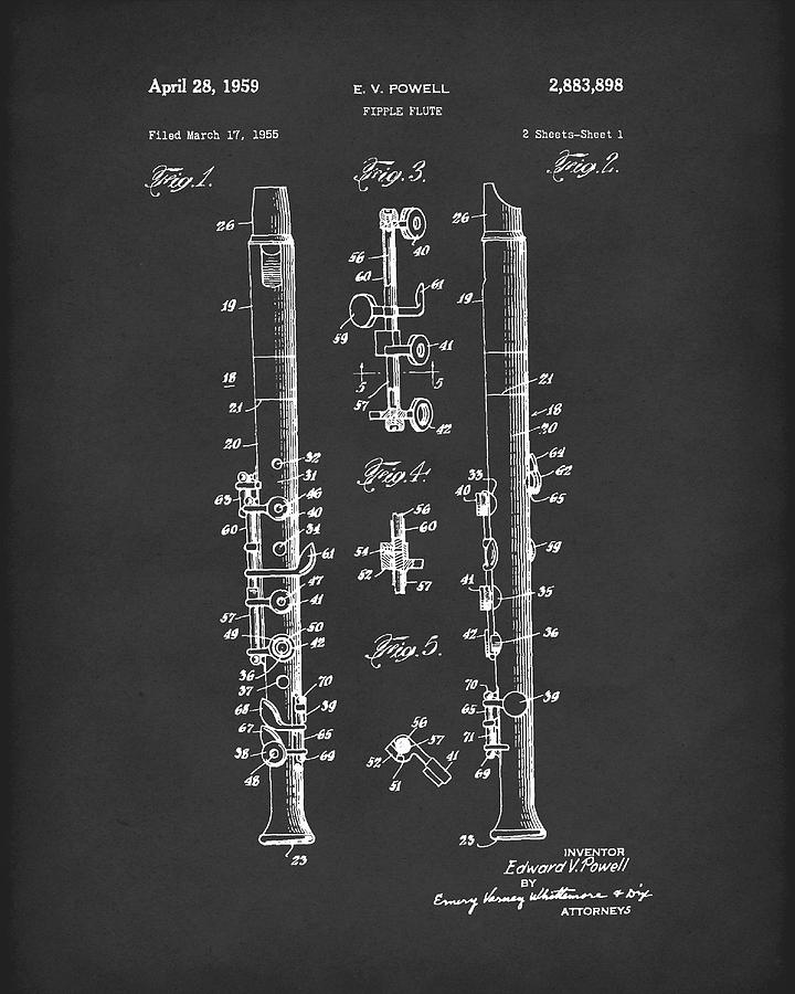 Fipple Flute 1959 Patent Art Black Drawing by Prior Art Design