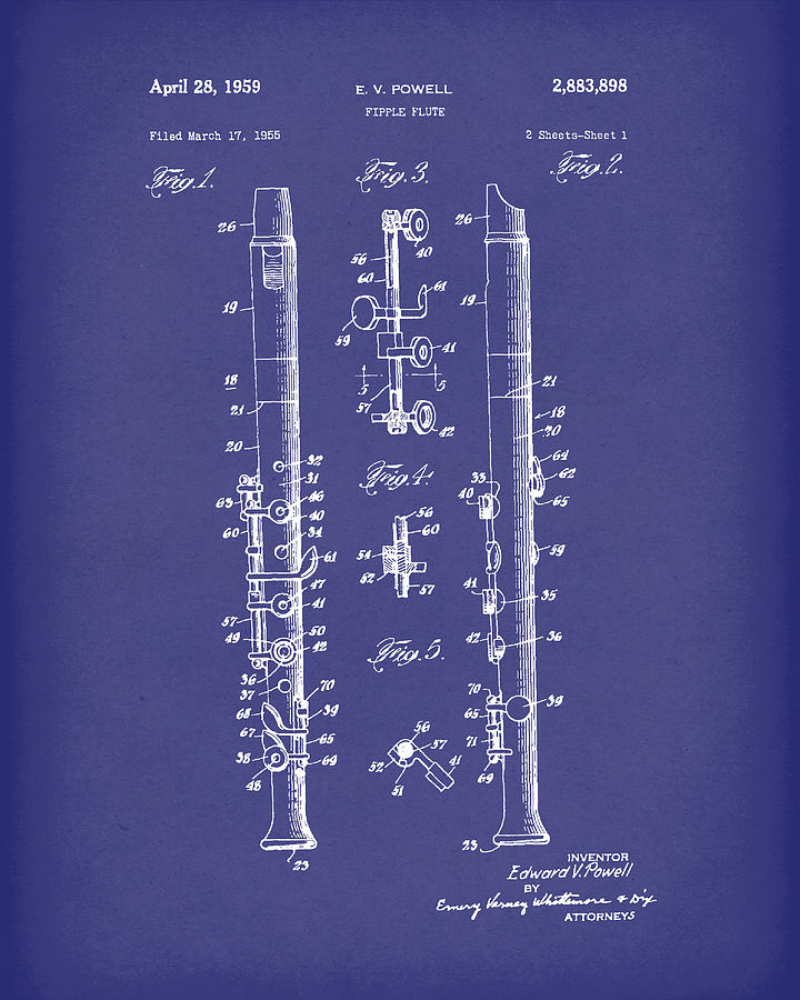 Fipple Flute 1959 Patent Art Blue Drawing by Prior Art Design