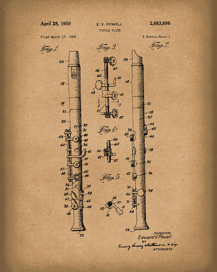 Musical Instrument Drawing - Fipple Flute 1959 Patent Art Brown by Prior Art Design