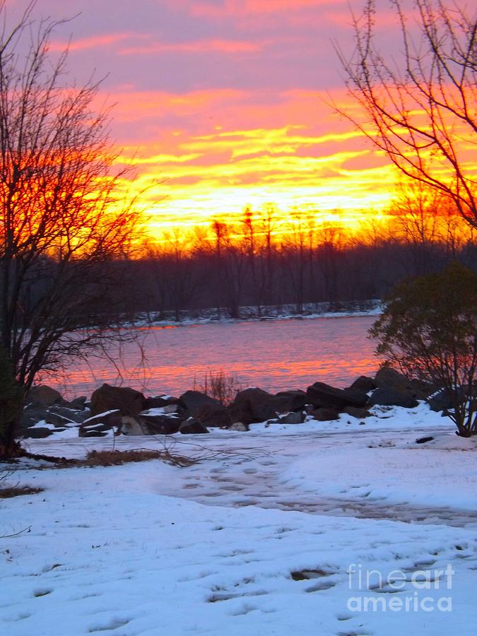 Winter Photograph - Fire and Ice Sunrise on the Delaware River by Robyn King