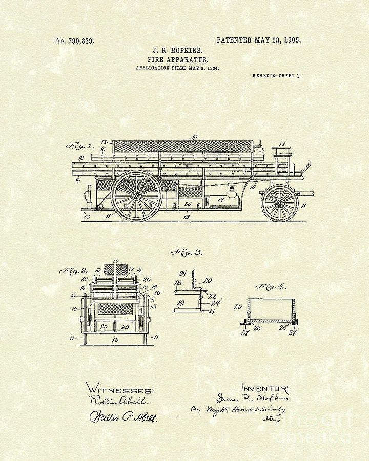 Fire Apparatus 1905 Patent Art Drawing by Prior Art Design