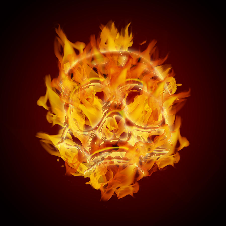 Abstract Digital Art - Fire Burning Flaming Skull by Jit Lim