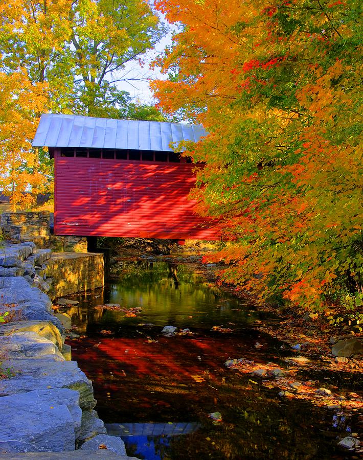 Fire in the Creek - Roddy Run Covered Bridge Over Owens Creek Autumn Frederick County Maryland Photograph by Michael Mazaika