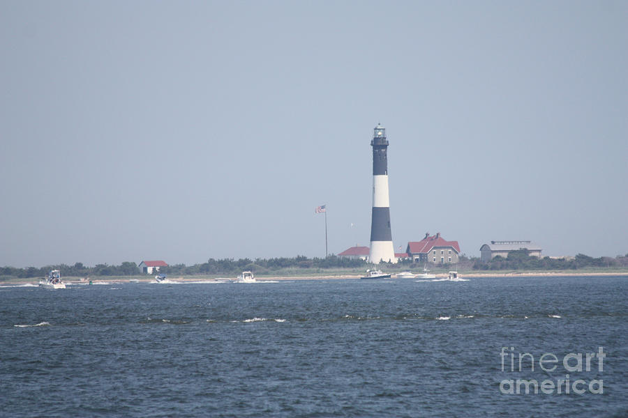 Fire Island Lighthouse with Signal Light Showing and Boats Wading #4 of 4 Photograph by John Telfer