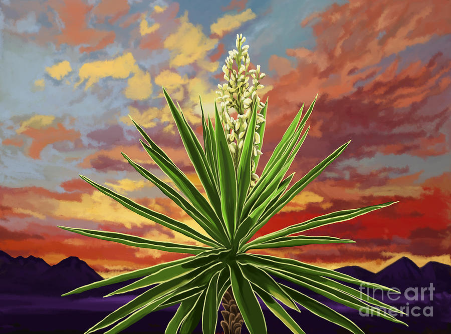 Fire Sky Desert Blooming Yucca Painting by Tim Gilliland