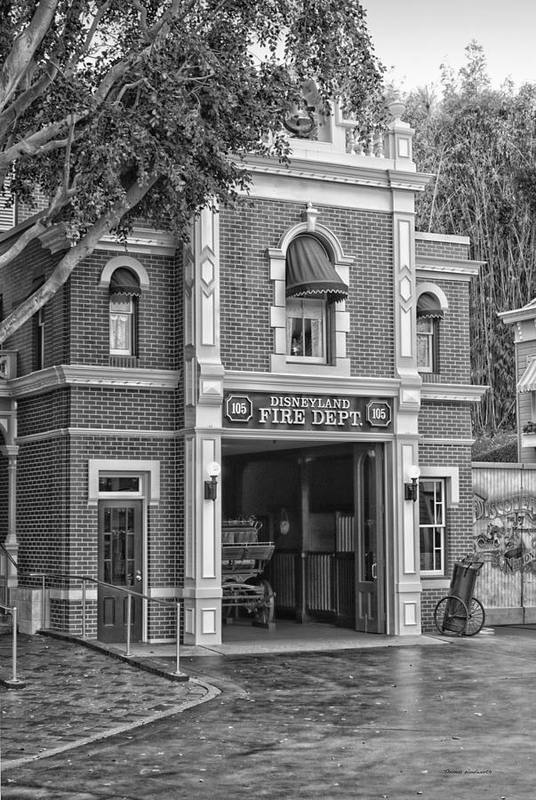 Castle Photograph - Fire Station Main Street Disneyland BW by Thomas Woolworth