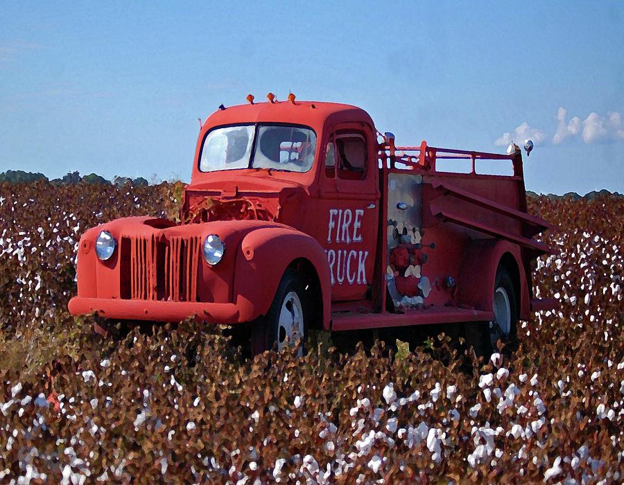 Fire Truck in the cotton field Digital Art by Michael Thomas