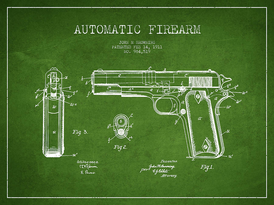 Firearm Patent Drawing From 1911 - Green Digital Art