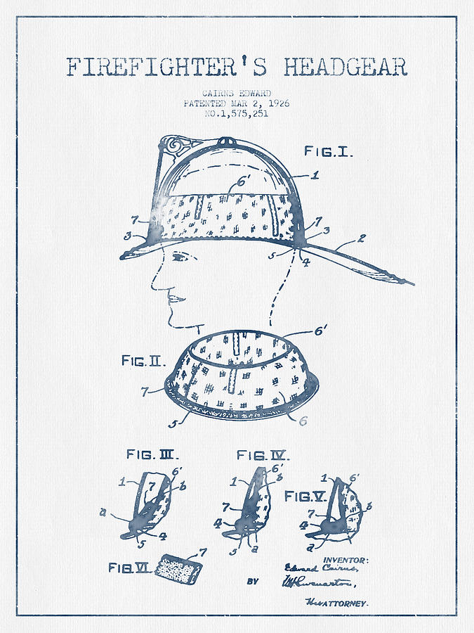 Vintage Digital Art - Firefighter Headgear Patent drawing from 1926- Blue Ink by Aged Pixel