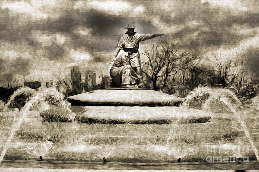 Firefighters Memorial Fountain BW Mixed Media by Andee Design
