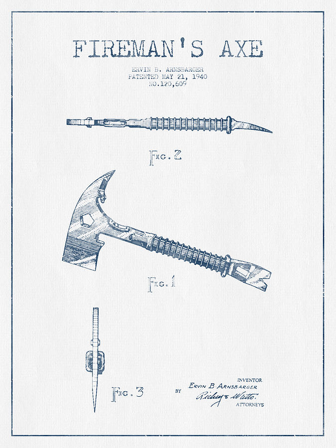Vintage Digital Art - Fireman Axe Patent drawing from 1940- Blue Ink by Aged Pixel