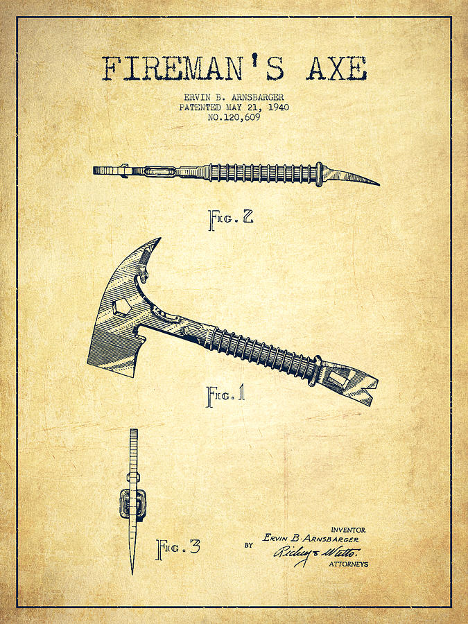 Fireman Axe Patent Drawing From 1940 - Vintage Digital Art
