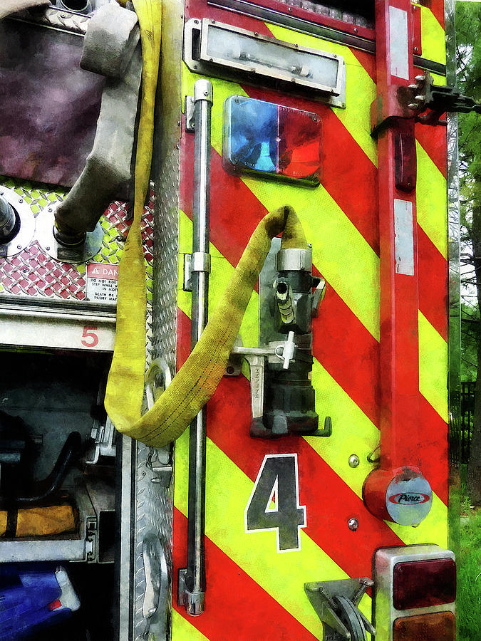 Fireman - Fire Hose on Striped Fire Engine Photograph by Susan Savad